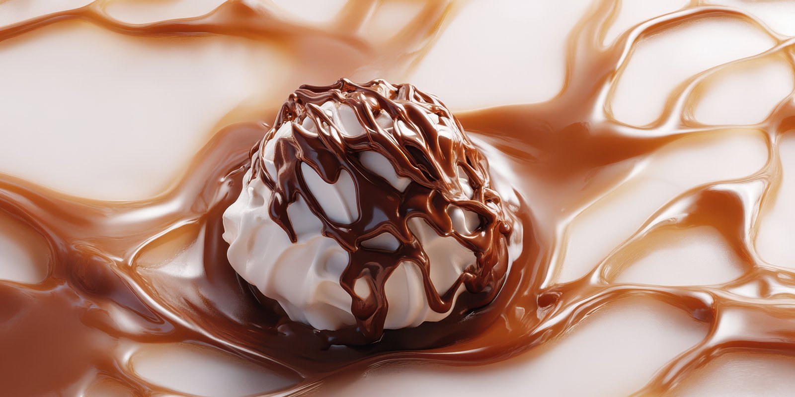 Delicious chocolate dessert featuring whipped cream on a smooth, rich chocolate sauce surface